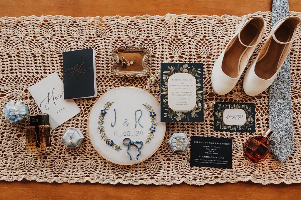 Crocheted wedding details on farm house table at Bella Sala