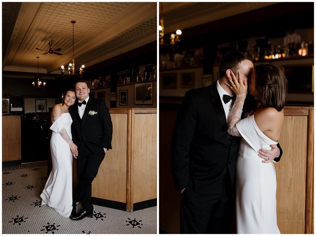 Black and white wedding tile as a backdrop for portraits