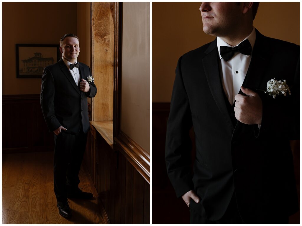Black tie groom details highlighted by the window light